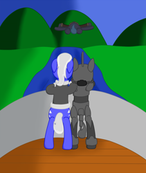 Size: 780x926 | Tagged: safe, artist:minty candy, oc, oc only, oc:crash dive, oc:night strike, oc:static charge, species:earth pony, species:pegasus, species:pony, fallout equestria, boat, clothing, enclave armor, fallout equestria: empty quiver, flying, grand pegasus enclave, hill, jacket, outdoors, power armor, rear view, river, story