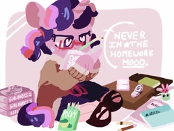 Size: 1024x768 | Tagged: safe, artist:supernoncutie, character:twilight sparkle, book, female, glasses, lesbian, pocky, porn, solo, sweat