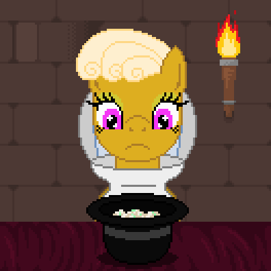 Size: 396x396 | Tagged: safe, artist:herooftime1000, oc, oc only, oc:haute cuisine, animated, beekeeper, blinking, chewing, clothing, dungeon, eating, fork, frown, hat, hoof hold, octavia in the underworld's cello, one eye closed, pixel art, potato salad, solo, wide eyes