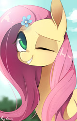 Size: 661x1039 | Tagged: safe, artist:rocy canvas, character:fluttershy, species:pegasus, species:pony, episode:it ain't easy being breezies, g4, my little pony: friendship is magic, cloud, cute, female, flower, flower in hair, mare, one eye closed, portrait, shyabetes, sky, smiling, solo, wink