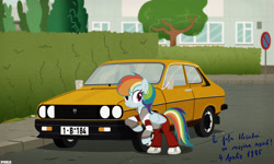 Size: 4200x2520 | Tagged: safe, artist:a4r91n, character:rainbow dash, 80s, building, car, dacia, dacia 1310 sport, earring, looking at you, old photo, piercing, pose, romania, tracksuit, vector