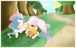 Size: 2460x1560 | Tagged: safe, artist:steffy-beff, character:applejack, character:princess celestia, species:alicorn, species:earth pony, species:pony, cute, female, mare, on back, orchard, prone, sleeping, wing blanket