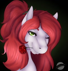 Size: 1223x1280 | Tagged: safe, artist:celestialoddity, oc, oc only, species:pony, black background, dark background, equine, female, green eyes, hair tie, mare, one eye closed, ponytail, presenting, rose, simple background, solo, wink