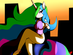 Size: 4000x3000 | Tagged: safe, artist:mytatsur, character:princess celestia, species:anthro, beckoning, breasts, clothing, come hither, female, hoofbeat, hoofbeat 2, pointing, sideboob, sitting, solo