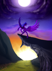 Size: 1280x1760 | Tagged: safe, artist:xormak, character:twilight sparkle, character:twilight sparkle (alicorn), species:alicorn, species:pony, female, mare, moon, rearing, scenery, solo, spread wings, sun, twilight (astronomy), wings