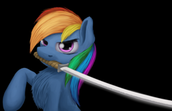 Size: 1020x660 | Tagged: safe, artist:xormak, character:rainbow dash, female, katana, mouth hold, solo, sword, weapon