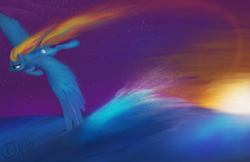 Size: 1280x828 | Tagged: safe, artist:xormak, character:rainbow dash, female, rainbow trail, solo, water, wings
