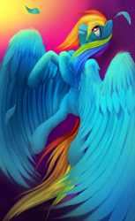 Size: 1600x2618 | Tagged: safe, artist:xormak, character:rainbow dash, alternate hairstyle, color porn, feather, female, solo