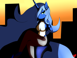 Size: 4000x3000 | Tagged: safe, artist:mytatsur, edit, character:princess luna, species:anthro, clothing, female, pointing, sitting, solo