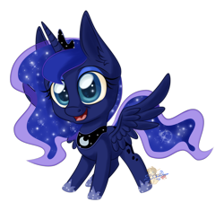 Size: 800x753 | Tagged: safe, artist:unisoleil, character:princess luna, species:alicorn, species:pony, chibi, cute, female, looking at you, lunabetes, mare, open mouth, simple background, smiling, solo, sparkles, spread wings, starry eyes, transparent background, wings