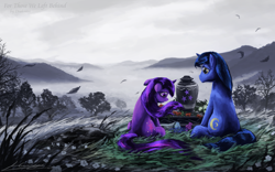 Size: 1920x1200 | Tagged: safe, artist:huussii, character:night light, character:twilight sparkle, character:twilight velvet, species:pony, species:unicorn, cloud, death, duo, feels, female, grass, grave, implied death, male, mare, mountain, sad, stallion, wind, windswept mane