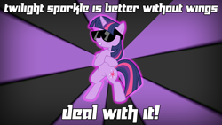 Size: 1280x720 | Tagged: safe, artist:dipi11, artist:kwark85, character:twilight sparkle, species:pony, alicorn drama, bipedal, deal with it, drama, female, old drama, op is a duck, op is trying to start shit, solo, sunglasses, text, the duck goes kwark