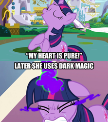 Size: 1280x1440 | Tagged: safe, artist:kwark85, edit, edited screencap, screencap, character:spike, character:twilight sparkle, episode:the crystal empire, g4, my little pony: friendship is magic, crystal empire, dark magic, drama, duckery in the description, image macro, irony, magic, meme, op is a duck, op is trying to start shit, op started shit, overanalyzing, sombra eyes, text, the duck goes kwark