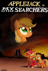 Size: 1092x1628 | Tagged: safe, artist:willisninety-six, character:apple bloom, character:applejack, character:big mcintosh, species:earth pony, species:pony, apple family, clothing, crossover, desert, eyes closed, hat, male, poster, siblings, stallion, the searchers, trio