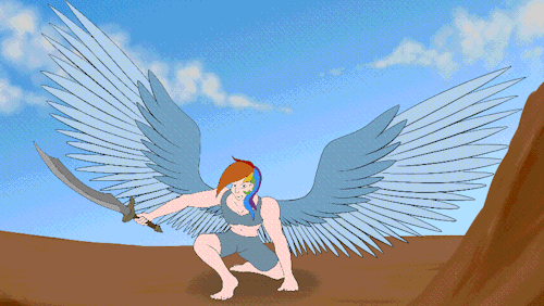 Size: 500x282 | Tagged: safe, artist:xormak, character:rainbow dash, species:human, animated, desert, epic, female, humanized, kneeling, muscles, solo, sword, winged humanization