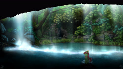 Size: 4800x2700 | Tagged: safe, artist:fidzfox, character:tree hugger, species:earth pony, species:pony, g4, cave, clothing, detailed, eyes closed, female, hat, meditation, scenery, scenery porn, solo, wallpaper, water, waterfall