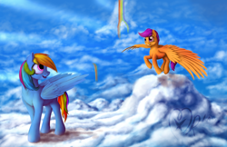 Size: 1600x1035 | Tagged: safe, artist:xormak, character:rainbow dash, character:scootaloo, species:pegasus, species:pony, episode:rainbow falls, g4, my little pony: friendship is magic, big sister, cloud, cloudy, emotional, looking at each other, scootaloo can fly, signature, spread wings, wings