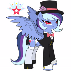 Size: 1650x1650 | Tagged: safe, artist:bico-kun, oc, oc only, oc:nightfall flair, parent:trixie, parent:twilight sparkle, parents:twixie, species:bat pony, species:pegasus, species:pony, bow tie, clothing, cutie mark, garter belt, garters, hat, magical lesbian spawn, magician, offspring, simple background, solo, stockings, suit, top hat, tuxedo, white background
