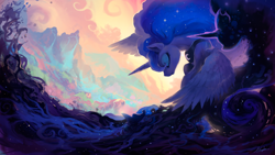 Size: 1920x1080 | Tagged: safe, artist:huussii, character:princess luna, character:tantabus, species:alicorn, species:pony, episode:do princesses dream of magic sheep?, g4, abstract background, beautiful, cloud, color porn, dark, day, dream, dreamscape, duality, eyes closed, female, fibonacci spiral, flying, frown, light, mare, night, peytral, profile, scenery, scenery porn, shadow, silhouette, spread wings, surreal, waterfall, wings