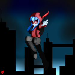 Size: 1280x1280 | Tagged: safe, artist:mytatsur, character:sonata dusk, my little pony:equestria girls, archer, bow (weapon), city, cityscape, clothing, female, hoodie, jumping, leg warmers, night, pointing, solo, superhero, wink