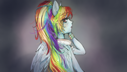 Size: 1920x1080 | Tagged: safe, artist:dream--chan, character:rainbow dash, species:human, bracelet, clothing, collar, eared humanization, eyelashes, female, human facial structure, humanized, jewelry, lipstick, long ears, long hair, looking at you, looking back, ponytail, simple background, solo, upper body, winged humanization, wings, wristband