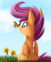 Size: 900x1100 | Tagged: safe, artist:chanceyb, character:scootaloo, species:pegasus, species:pony, butterfly, female, flower, solo