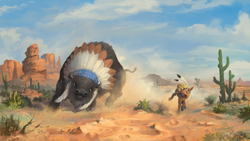 Size: 1920x1080 | Tagged: safe, artist:huussii, character:chief thunderhooves, character:little strongheart, species:buffalo, cactus, desert, duo, dust, female, male, running, saguaro cactus, scenery