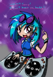 Size: 688x1001 | Tagged: safe, artist:quarium, character:dj pon-3, character:vinyl scratch, species:human, clothing, cutie mark earrings, dialogue, ear piercing, earring, female, glasses, humanized, jewelry, piercing, solo
