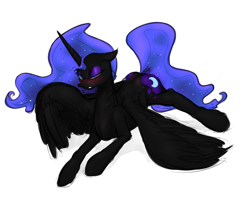 Size: 1200x1000 | Tagged: safe, artist:asadama, character:nightmare moon, character:princess luna, species:alicorn, species:pony, bedroom eyes, blushing, colored, drunk, female, floppy ears, lidded eyes, looking at you, mare, missing accessory, no armor, open mouth, panting, prone, simple background, solo, spread legs, spread wings, spreading, stupid sexy nightmare moon, white background, wings