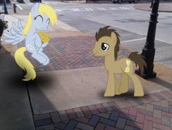Size: 2048x1536 | Tagged: safe, artist:tokkazutara1164, character:derpy hooves, character:doctor whooves, character:time turner, species:pony, eating, irl, muffin, photo, ponies in real life, sidewalk, street, vector