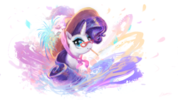Size: 1920x1080 | Tagged: safe, artist:huussii, character:rarity, species:pony, species:unicorn, g4, abstract background, bust, clothing, female, glasses, hat, mare, mouth hold, signature, solo, three quarter view, wallpaper