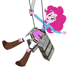 Size: 2598x3000 | Tagged: safe, artist:amante56, character:pinkie pie, my little pony:equestria girls, attack on titan, boots, clothing, crossover, female, looking at you, open mouth, shingeki no koyubi, skirt, solo, sword, vector, weapon