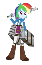 Size: 2000x3083 | Tagged: safe, artist:amante56, character:rainbow dash, my little pony:equestria girls, attack on titan, boots, clothing, crossover, female, looking at you, shingeki no koyubi, skirt, solo, sword, weapon