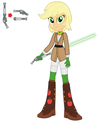 Size: 2445x3000 | Tagged: safe, artist:amante56, character:applejack, my little pony:equestria girls, 20th century fox, alternate hairstyle, blaster, boots, clothing, cowboy boots, crossover, disney, element of honesty, female, freckles, jedi, lightsaber, looking at you, lucasfilm, sentinel, solo, star wars