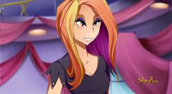 Size: 1280x699 | Tagged: safe, artist:skyeypony, character:sassy saddles, species:human, episode:canterlot boutique, g4, my little pony: friendship is magic, bedroom eyes, cute, female, grin, humanized, sassybetes, smiling, solo