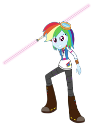 Size: 3005x4000 | Tagged: safe, artist:amante56, character:rainbow dash, my little pony:equestria girls, 20th century fox, absurd resolution, alternate hairstyle, clothing, crossover, disney, double lightsaber, element of loyalty, female, goggles, guardian, jedi, lightsaber, lucasfilm, short hair, solo, star wars, weapon, wristband