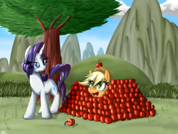 Size: 1200x900 | Tagged: safe, artist:reikomuffin, character:applejack, character:rarity, species:earth pony, species:pony, species:unicorn, apple, apple fort, cute, duo, eye clipping through hair, female, food, fort, hnnng, jackabetes, mare, silly, silly pony, that pony sure does love apples, tree, who's a silly pony