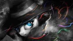 Size: 1920x1080 | Tagged: safe, artist:huussii, character:rarity, species:pony, episode:rarity investigates, g4, my little pony: friendship is magic, clothing, detective rarity, female, grayscale, hat, mare, monochrome, neo noir, partial color, smiling, solo, wallpaper