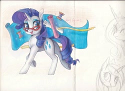 Size: 3180x2314 | Tagged: safe, artist:rocy canvas, character:rarity, fabric, glasses, measuring tape, thread, traditional art