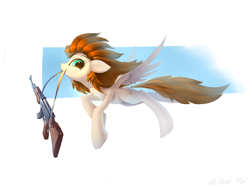 Size: 2828x2121 | Tagged: safe, artist:ramiras, oc, oc only, oc:goldenrain, species:pegasus, species:pony, ak-47, flying, gun, rifle, smiling, solo, weapon