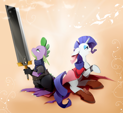 Size: 1300x1190 | Tagged: safe, artist:skyeypony, character:rarity, character:spike, aerith gainsborough, boots, clothing, cosplay, costume, crossover, female, final fantasy, final fantasy vii, implied sparity, male, straight, zack fair