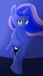 Size: 1204x2106 | Tagged: safe, artist:purpleblackkiwi, character:princess luna, species:alicorn, species:pony, bipedal, cute, female, hooves, looking at you, night, smiling, solo