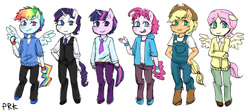 Size: 1200x534 | Tagged: safe, artist:prk, character:applejack, character:fluttershy, character:pinkie pie, character:rainbow dash, character:rarity, character:twilight sparkle, oc:dusk shine, species:anthro, my little pony:equestria girls, applejack (male), bubble berry, butterscotch, elusive, equestria guys, male, mane six, pixiv, rainbow blitz, rule 63