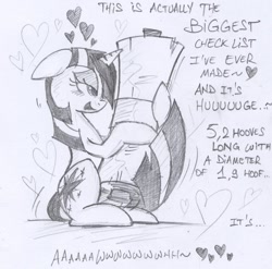 Size: 1167x1155 | Tagged: safe, artist:skutchi, character:twilight sparkle, adorkable, bedroom eyes, bibliophile, blushing, caress, cargo ship, checklist, chico the checklist, crack shipping, cute, dork, eyes on the prize, female, heart, holding, horns are touching, list, male, monochrome, open mouth, prehensile tail, rubbing, scroll, shipping, sitting, sketch, smiling, solo, straight, tail hug, that pony sure does love lists, traditional art, twilist