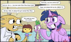 Size: 1462x871 | Tagged: dead source, safe, artist:jittery-the-dragon, character:spike, character:twilight sparkle, character:twilight sparkle (alicorn), species:alicorn, species:pony, :|, adorkable, alphys, anime, crazy face, crossover, cute, dork, eye contact, faec, female, floppy ears, fluffy, frisk, frown, grin, mare, nerd, otaku, smiling, sweat, twilight snapple, undertale, wide eyes