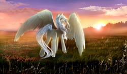 Size: 1300x760 | Tagged: safe, artist:skyeypony, oc, oc only, oc:morning dew, cloud, cloudy, crepuscular rays, featureless crotch, flower, grass, lens flare, looking back, meadow, mountain, scenery, scenery porn, sky, solo, spread wings, sunset, wings