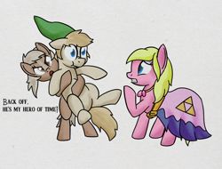 Size: 1006x763 | Tagged: safe, artist:lux, species:earth pony, species:pony, bear hug, bipedal, clothing, dress, epona, female, floppy ears, frown, glare, gritted teeth, hug, jealous, link, male, mare, open mouth, ponified, possessive, princess zelda, scrunchy face, shipping, straight, the legend of zelda, triforce, wide eyes
