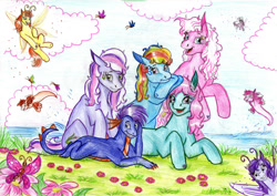 Size: 1985x1409 | Tagged: safe, artist:animagicworld, character:minty, character:pinkie pie, character:rainbow dash, character:rainbow dash (g3), character:spike, character:spike (g3), character:tiddlywink, character:tra-la-la, character:wysteria, character:zipzee, species:breezies, species:sea pony, g1, g3, traditional art