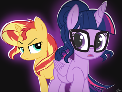 Size: 1600x1200 | Tagged: safe, artist:luminousdazzle, character:sunset shimmer, character:twilight sparkle, character:twilight sparkle (scitwi), species:alicorn, species:pony, species:unicorn, equestria girls:friendship games, g4, my little pony: equestria girls, my little pony:equestria girls, alicornified, equestria girls ponified, ponified, ponified humanized pony, race swap, scene interpretation, scitwilicorn, simple background