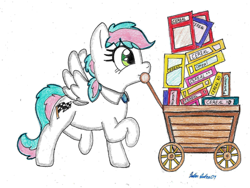 Size: 1770x1330 | Tagged: safe, artist:silversimba01, oc, oc only, oc:mindy race, species:pegasus, species:pony, cart, cereal, cereal box, cute, fanart, female, filly, food, mare, ocbetes, smiling